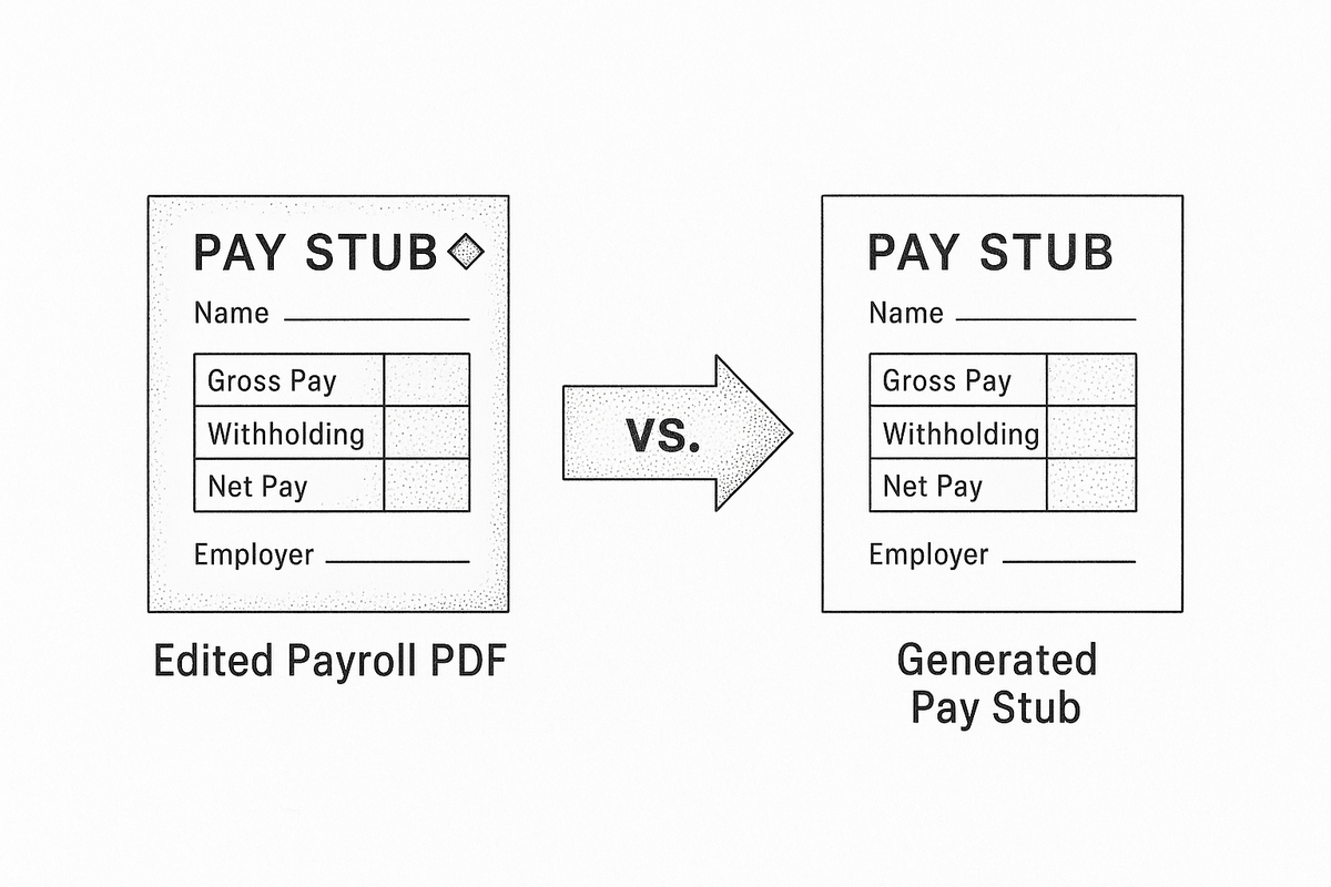 Two fake pay stub methods: a doctored payroll PDF versus a generated stub