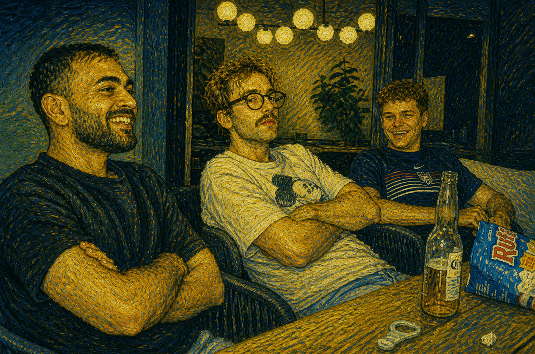 Three friends sitting at a table with a beer bottle and snack bag, captured in a Van Gogh style.